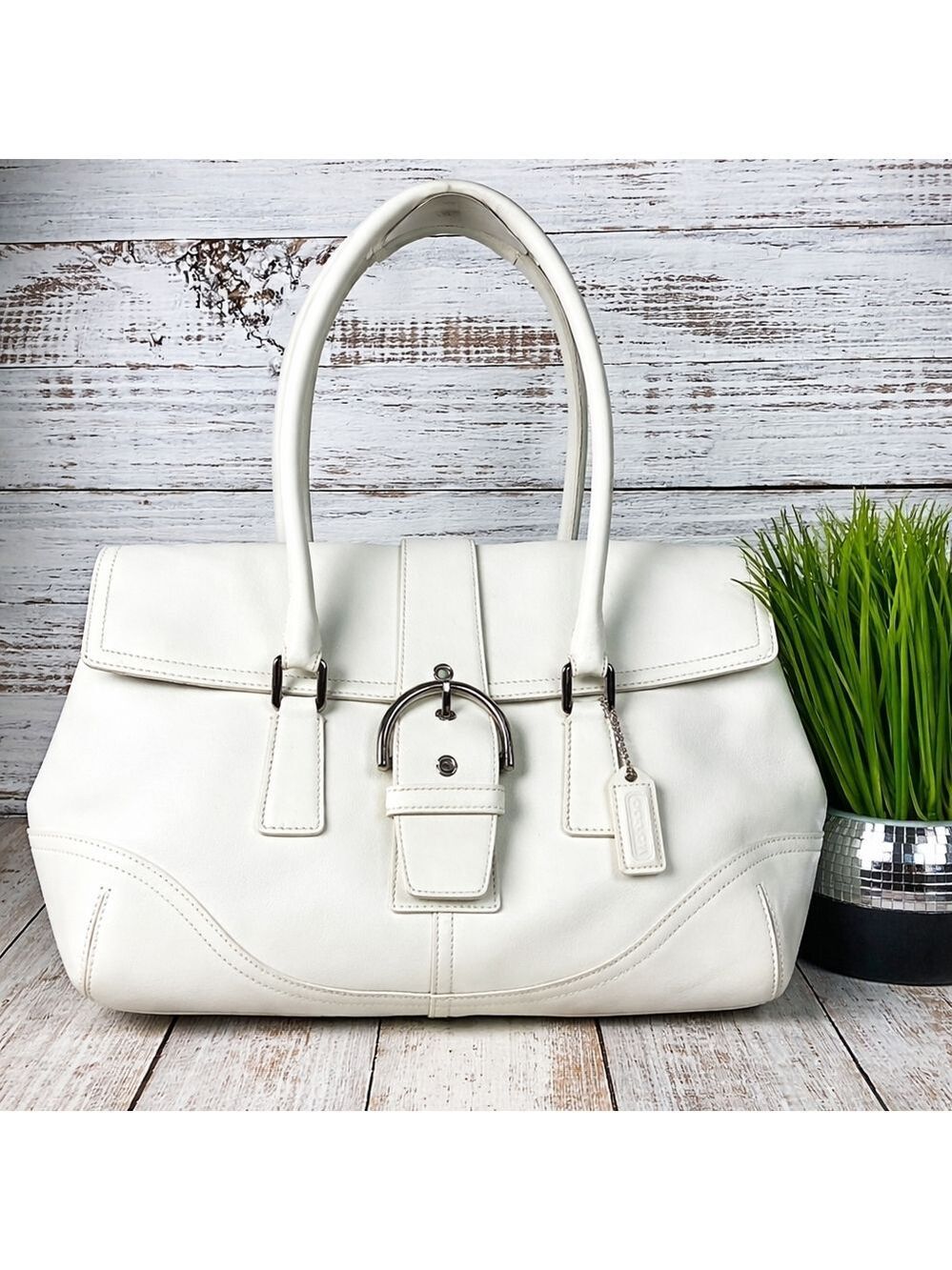 Coach Buckle Vintage Hand Shoulder Bag Soho‎ White Leather Satchel Silver Hardwa - Picture 2 of 16